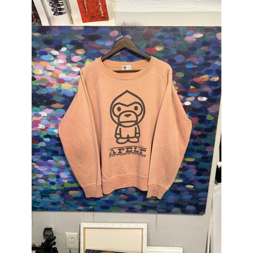 Vintage BAPE Baby Milo APEE Sweatshirt Peach Pink Mens Large Raglan Pullover